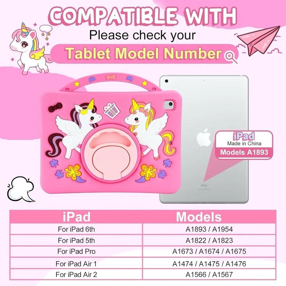HianDier Unicorn Kids Case for iPad 5th 6th Gen Air 1 2 Pro 9.7 Pink Stand Strap